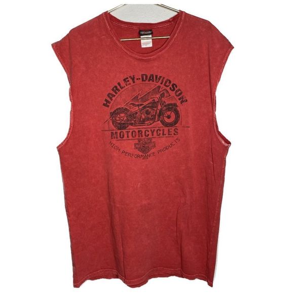 Harley Davidson x Wisconsin Distressed Cut Off Moto T-Shirt Red Midwest Rider - Picture 1 of 4
